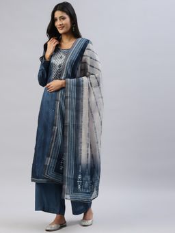 Readiprint - Navy Blue Chanderi Silk Unstitched Dress Material (Set of 3)