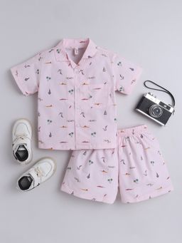 The Magic Wand - Pink Cotton Half Sleeve Stripes Printed Shirt & Shorts (Set of 2)