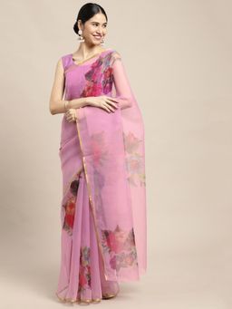 Vastranand - Pink & Red Floral Printed Organza Saree with Unstitched Blouse