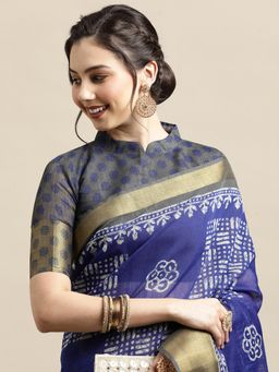 Sareemall - Blue Festive Semi Linen Printed Saree with Unstitched Blouse with Unstitched