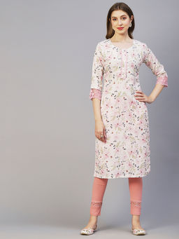 FASHOR - Floral Printed Pearl & Sequins Embroidered Linen Blend Kurta - White & Pink