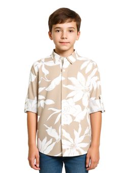 CHARCHIT - Boys Beige Cotton Regular Fit Full Sleeves Floral Printed Shirt