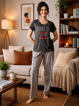 Clovia - Cotton Printed Top And Pyjama Set - Multi-Color