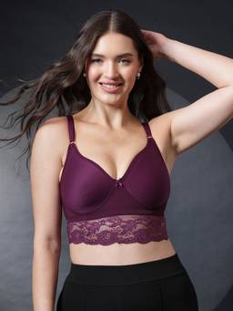 Clovia - Non-Wired Full Figure Lightly Padded Spacer Cup Bralette In Plum Colour - Lace
