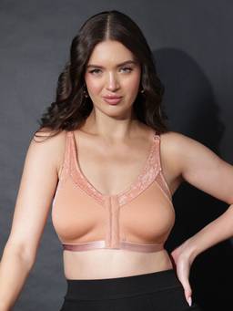 Clovia - Non-Wired Light Padded Spacer Cup Easy-on Front Open Full Figure Bra- Cotton Rich Beige