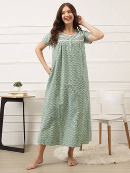 Clovia - Floral Print Long Nighty in Green