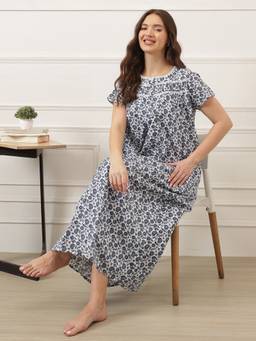 Clovia - Floral Print Long Nighty in White