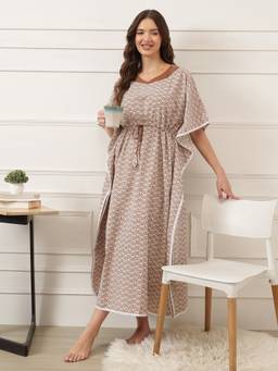 Clovia - Cotton Floral Printed Long Kaftan in Brown