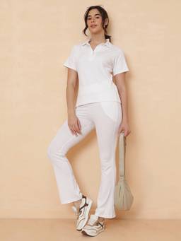Clovia - White Ribbed Active Polo T-Shirt with High Waist Flared Pant