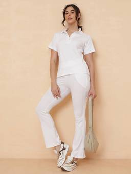 Clovia - White Ribbed Active Polo T-Shirt