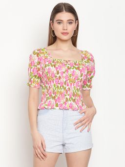 Madame - Women Off White Floral Smocking Top - L / Off White