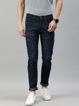 Urbano Fashion - Men Dark Blue Slim Fit Washed Splatter Printed Jeans Stretchable