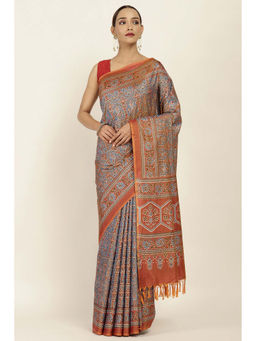 Soch - Blue Silk Blend Printed Saree with Unstitched
