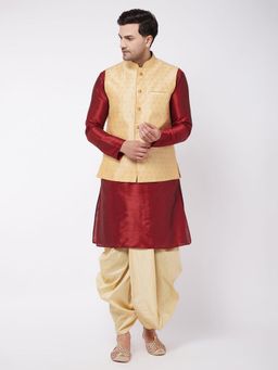 Vastramay - Mens Maroon & Gold Silk Blend Jacket, Kurta with Dhoti (Set of 3)