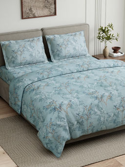 Haus & Kinder - Serene Branch Blue Cotton Flat 144 TC Bedsheet with 2 Pillow Covers (Double)
