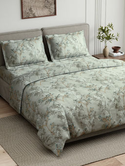 Haus & Kinder - Serene Branch Green Cotton Flat 144 TC Bedsheet with 2 Pillow Covers (Double)