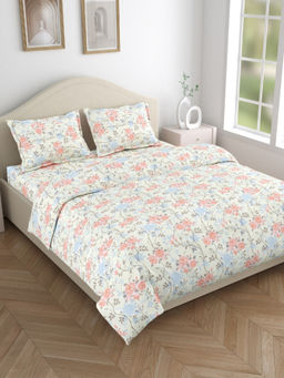 Haus & Kinder - White Petal Haze Cotton Flat 144 TC Bedsheet with 2 Pillow Covers