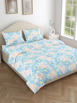 Haus & Kinder - Blue Petal Veil Cotton Flat 144 TC Bedsheet with 2 Pillow Covers