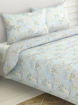 Haus & Kinder - Blue Tropical Bird Cotton Flat 144 TC Bedsheet with 2 Pillow Covers (Double)