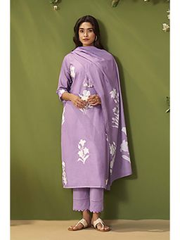 Autumnlane - Women Lavender Cotton Linen Kurta with Pant and Dupatta