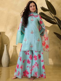 KVS FAB - Women Turquoise Silk Blend Kurta with Pant
