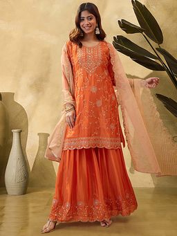 KVS FAB - Women Orange Silk Blend Kurta with Sharara