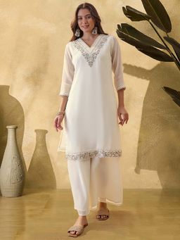KVS FAB - Women Off White Silk Blend Kurta with Pant