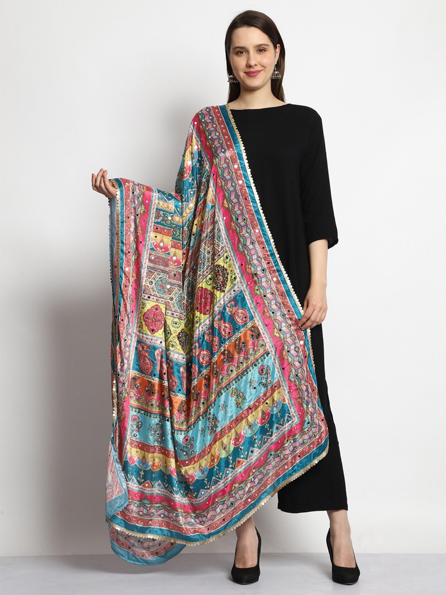 Printed Pakistani Bridal Chiffon Dupatta With Mirror Work-image-37