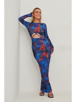 NA-KD - Twist Strap Long Sleeve Dress-blue Print