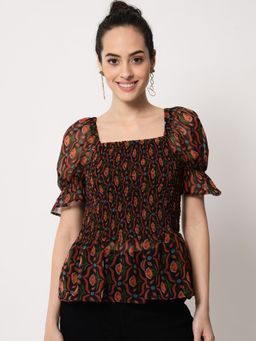 Trend Arrest - Black Floral Printed Smocking Top