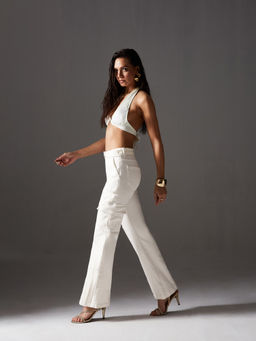 Miss Chase - Women White Wide Leg High Rise Regular Stretchable Denim Jeans with Belt (Set of 2)