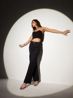 Miss Chase - Women Black Wide-Leg High-Rise Stretchable Denim Cargo Jeans