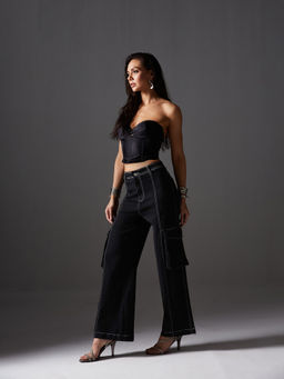 Miss Chase - Women Black Wide-Leg High-Rise Stretchable Patch-Pocketed Denim Jeans