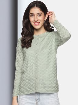 CLAPTON - Womens Wool Blend Pista Full Sleeve Solid Self Design Round Neck Cardigan