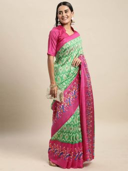 Odette - Silk Blend Green Printed Saree with Unstitched Blouse
