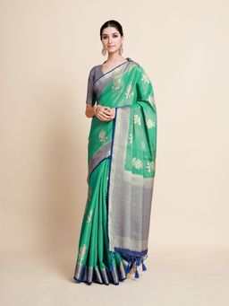 Mimosa - Women Traditional Vakrangi Kanjivaram Art Silk Teal Saree with Unstitched Blouse