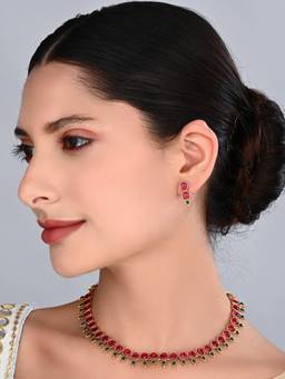 Anvik - Red Ruby and Emerald Floral Gold-Tone Necklace and Earrings Set