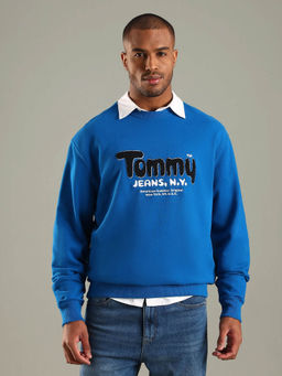 Tommy Hilfiger - Men Blue Embroidered Logo Relaxed Fit Cotton Sweatshirt