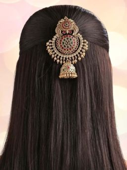 OOMPH - Gold Ethnic Hair Bun Pin Juda Pin - Kempu Stones - Peacock Design