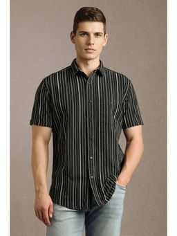 Louis Philippe - Men Black Stripe Half Sleeves Casual Shirt