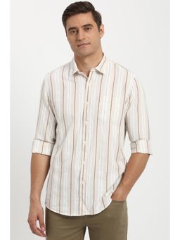 Peter England - Men Cream Slim Fit Stripe Full Sleeves Casual Shirt