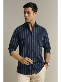 Peter England - Men Navy Blue Slim Fit Stripe Full Sleeves Casual Shirt