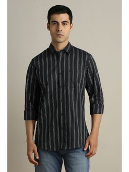 Peter England - Men Black Slim Fit Stripe Full Sleeves Casual Shirt