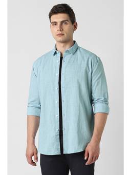 Van Heusen - Men Light Blue Textured Full Sleeves Party Shirt