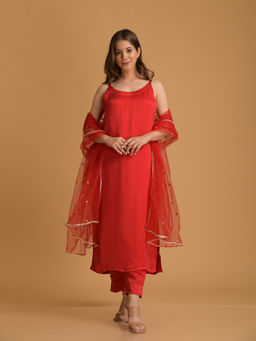 DIMPLE DESIGN STUDIO - Red Satin Suit (Set of 3)