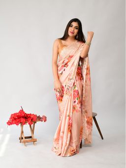 Odette - Peach Satin Printed Saree with Unstitched Blouse