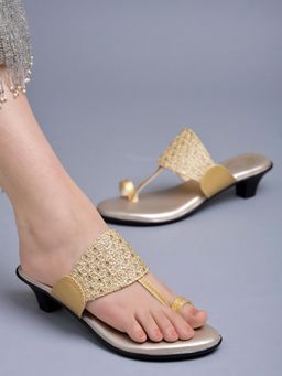 Shoetopia - Classic Golden Kolhapuri Heels for Women