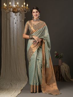 Akhilam - Womens Silk Blend Sea Green Woven Design Designer Saree with Unstitched Blouse