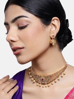 Estele - Gold Plated Cz Dazzling Bridal Choker Necklace Set With Pearls For Women (Set of 2)