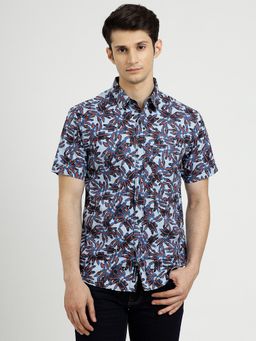 Greenfibre - Sea Blue Cotton Printed Slim Fit Casual Shirt